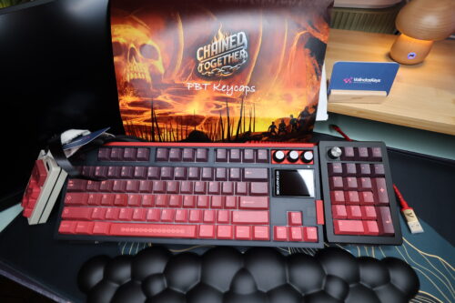 Red and Black SKYLOONG GK87 Pro - Modified Red Black Base with Large GIF Screen Added Artisan Keycaps (Chained Together) Wireless