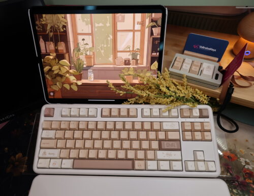 Tan Toffee Color Keycaps on Cream Colored Base - with Wrist Rest Pad - YUNZII B87