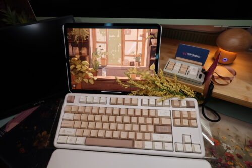 Tan Toffee Color Keycaps on Cream Colored Base - with Wrist Rest Pad - YUNZII B87 - Image 16