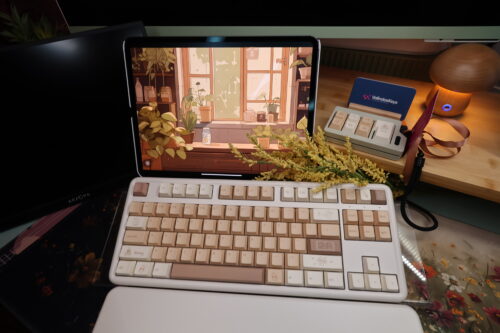 Tan Toffee Color Keycaps on Cream Colored Base - with Wrist Rest Pad - YUNZII B87 - Image 17