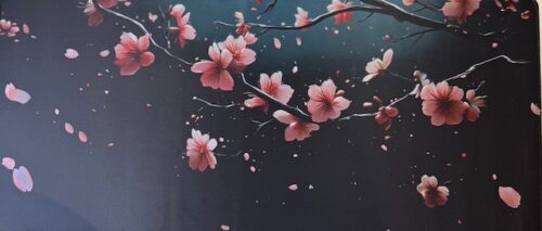 DeskMat - Black with Cherry Blossoms 16x35