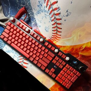 Custom Modified Black-Red Baseball Themed Mechanical Keyboard Artisan Keycaps Wireless with Mini Screen for Photos/GIFs
