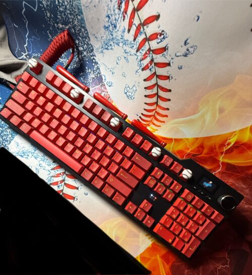 Custom Modified Black-Red Baseball Themed Mechanical Keyboard Artisan Keycaps Wireless with Mini Screen for Photos/GIFs